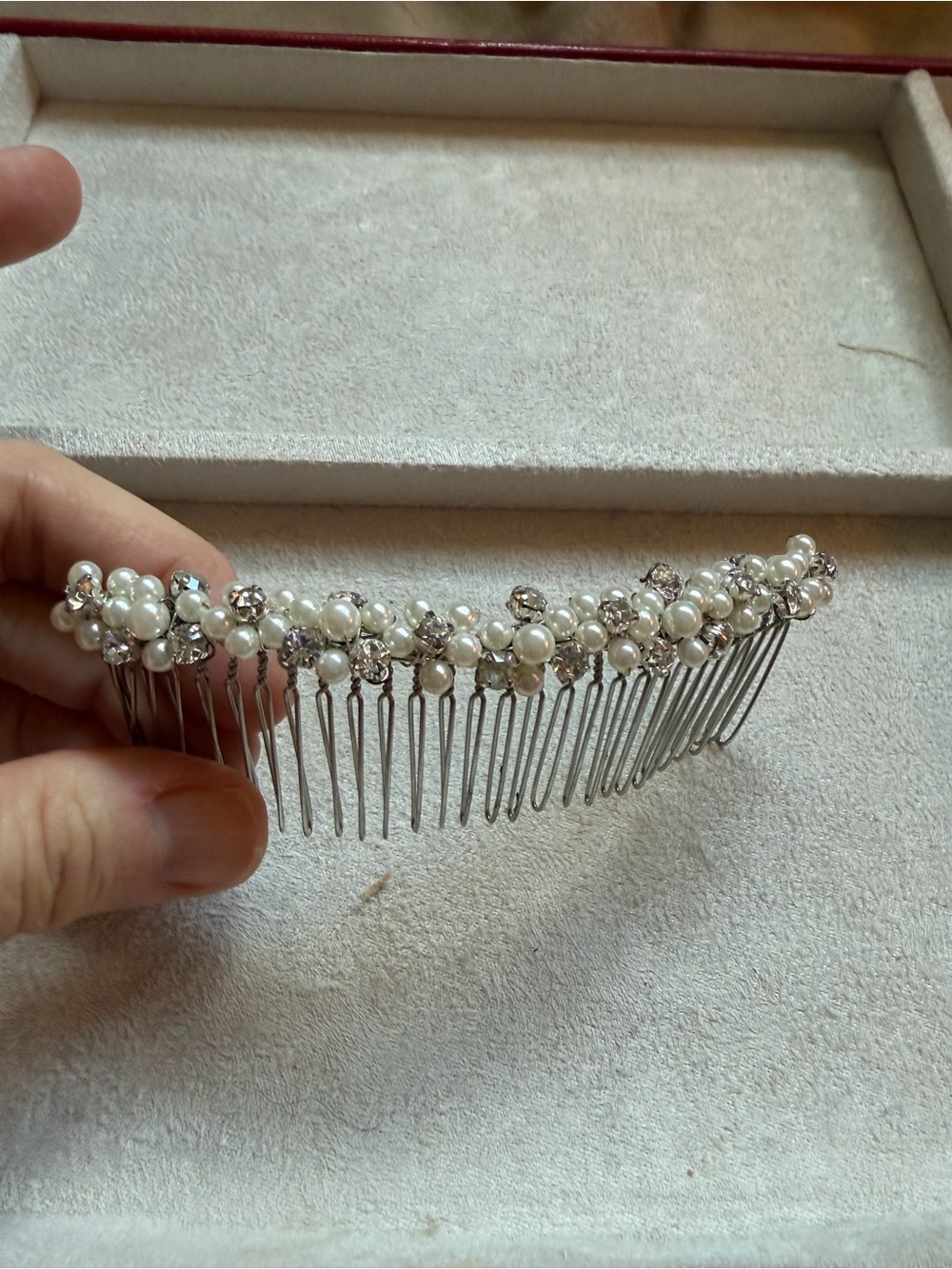 Silver-toned bridal hair comb embellished white pearls sparkling clear crystals